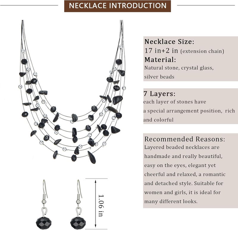 Errally Store Multi-Layer Boho Shell Beaded Necklace for Women Colorful Crystal Strand with Silver Beads Statement Collars Necklace and Earrings Costumes Jewelry Sets for Women - Image 5